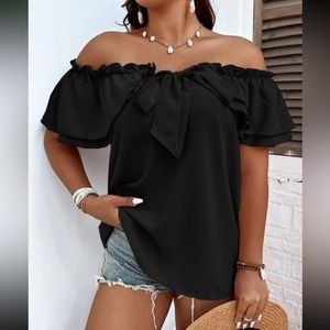 Luxe plus size black off shoulder tie front frill trim blouse